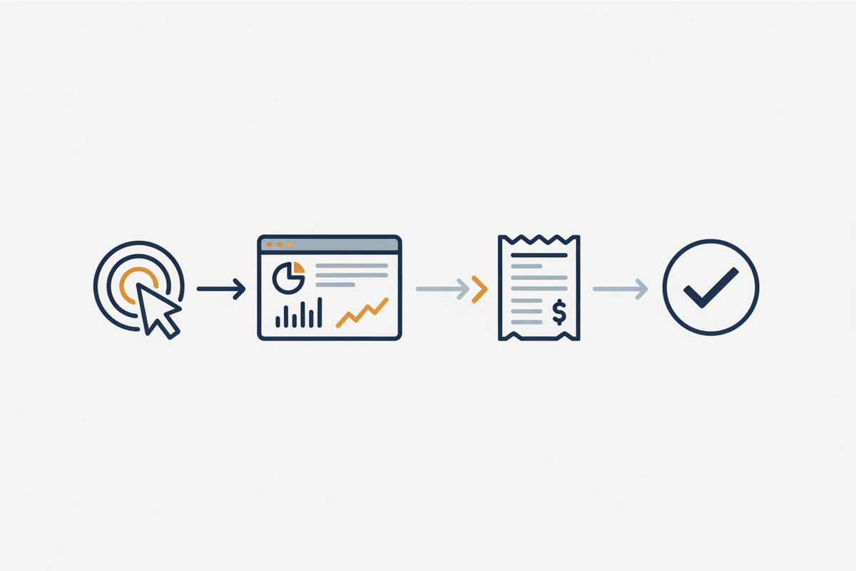 Broken chain of analytics icons representing disconnected conversion tracking between Google Ads, payment systems, and application events